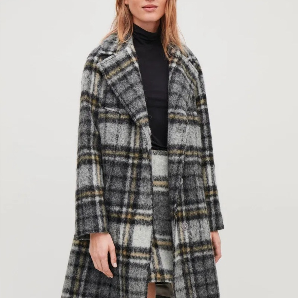 COS Plaid Brushed Mohair Wool Coat Gray Size 6